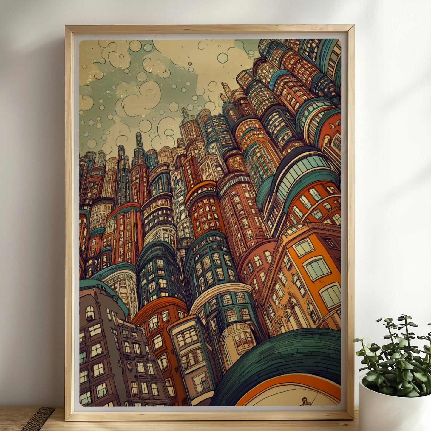 Kreative europäische Skyline mit vielen fantasievoll gestalteten Hochhäusern und Gebäuden, inspiriert von modernen und historischen europäischen Städten.. Rahmen natur 50x70