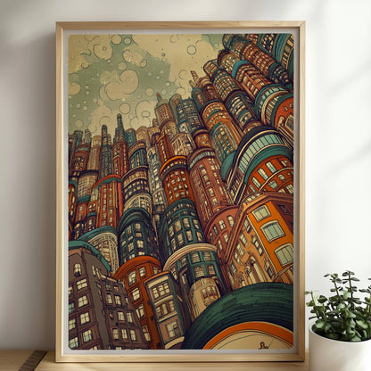 Kreative europäische Skyline mit vielen fantasievoll gestalteten Hochhäusern und Gebäuden, inspiriert von modernen und historischen europäischen Städten.. Rahmen natur 50x70