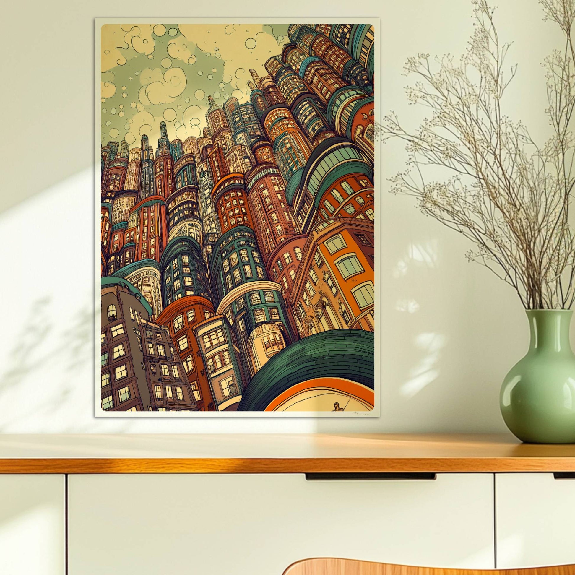 Kreative europäische Skyline mit vielen fantasievoll gestalteten Hochhäusern und Gebäuden, inspiriert von modernen und historischen europäischen Städten.. Ohne Rahmen 50x70