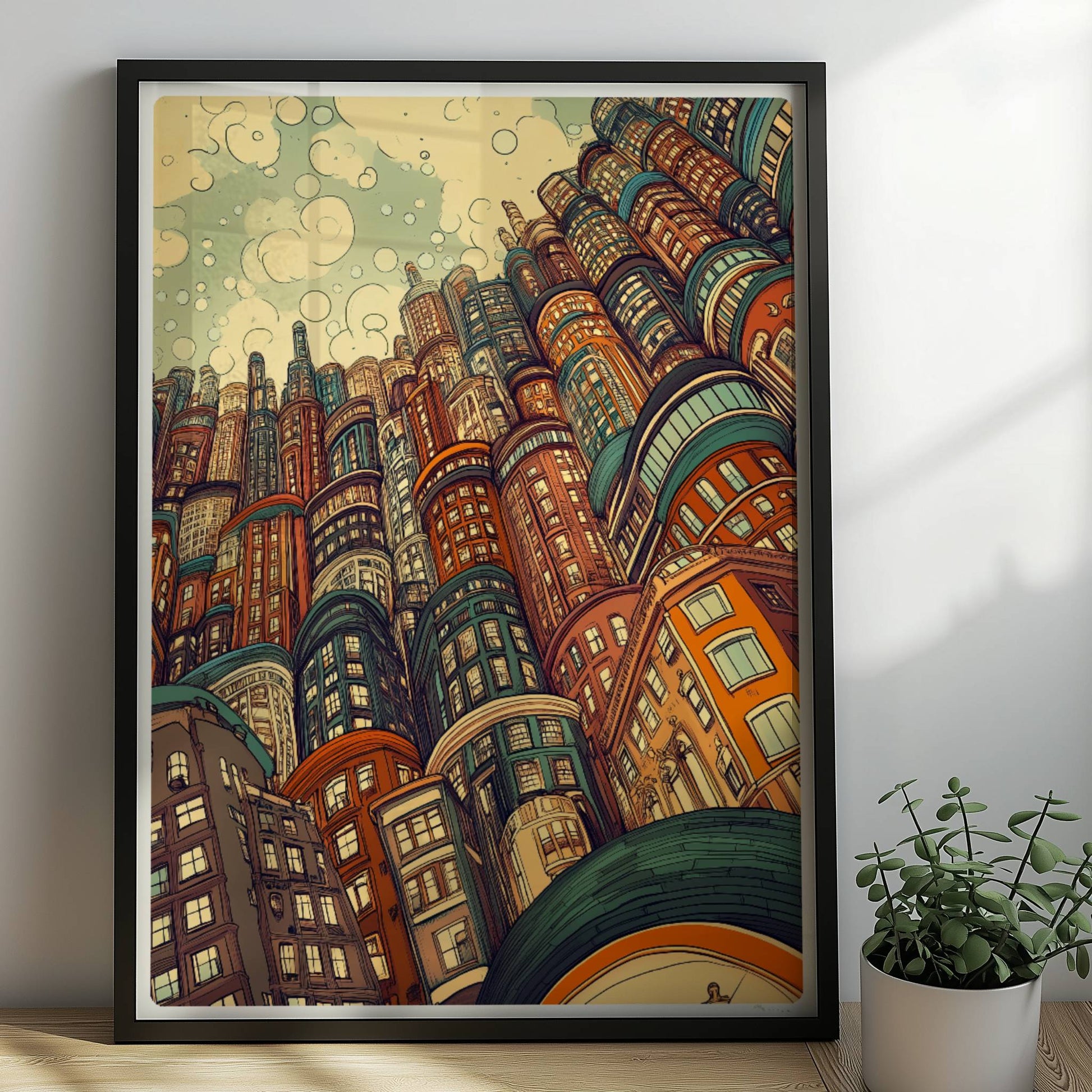 Kreative europäische Skyline mit vielen fantasievoll gestalteten Hochhäusern und Gebäuden, inspiriert von modernen und historischen europäischen Städten.. Rahmen schwarz 50x70