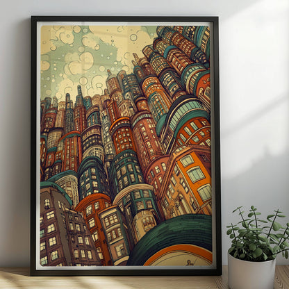 Kreative europäische Skyline mit vielen fantasievoll gestalteten Hochhäusern und Gebäuden, inspiriert von modernen und historischen europäischen Städten.. Rahmen schwarz 50x70