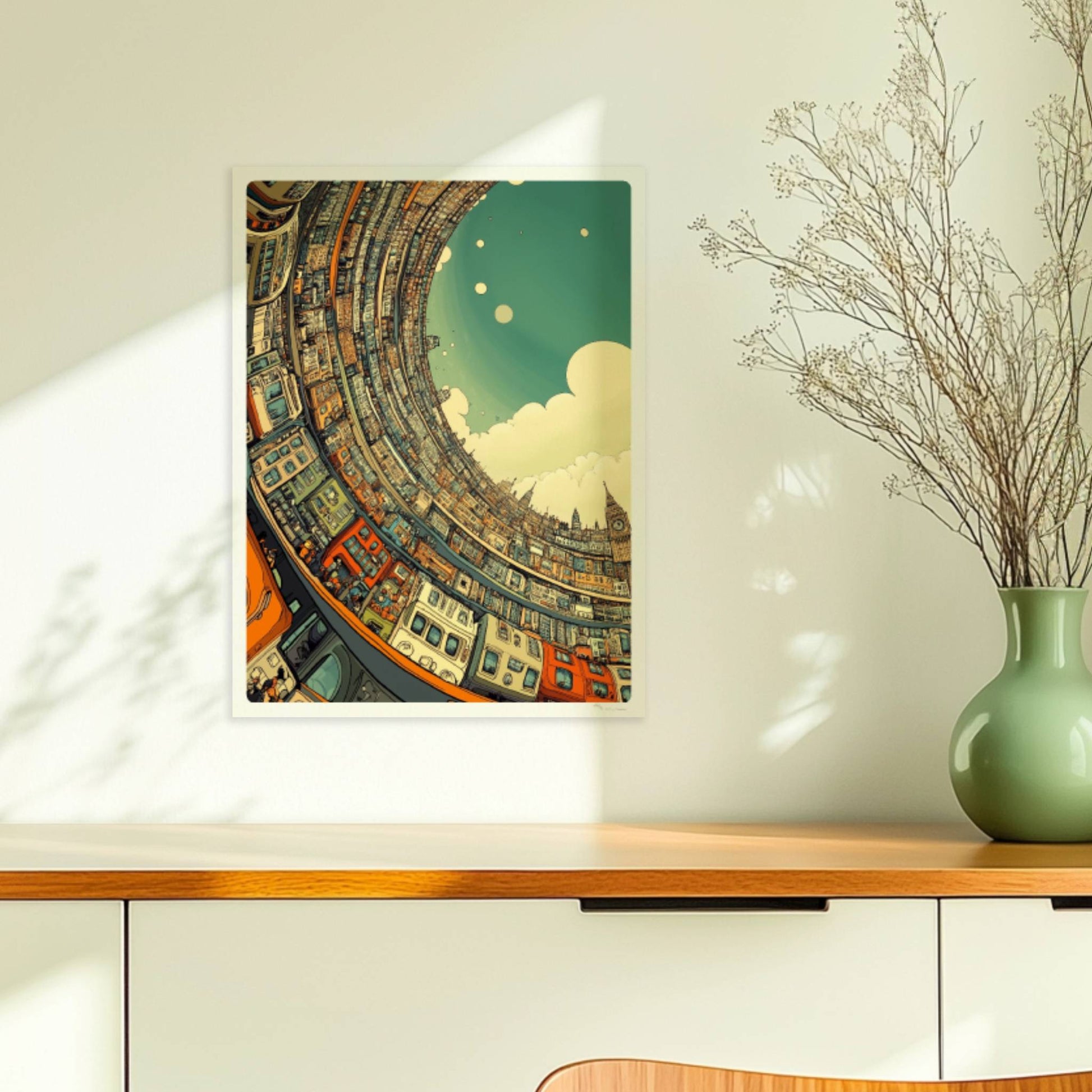 Fantasievolle Skyline mit geschwungenen Gebäuden, Großstadt in gebogener Perspektive und ikonischen Wahrzeichen wie Big Ben, inspiriert von europäischer Architektur.. Ohne Rahmen 30x40