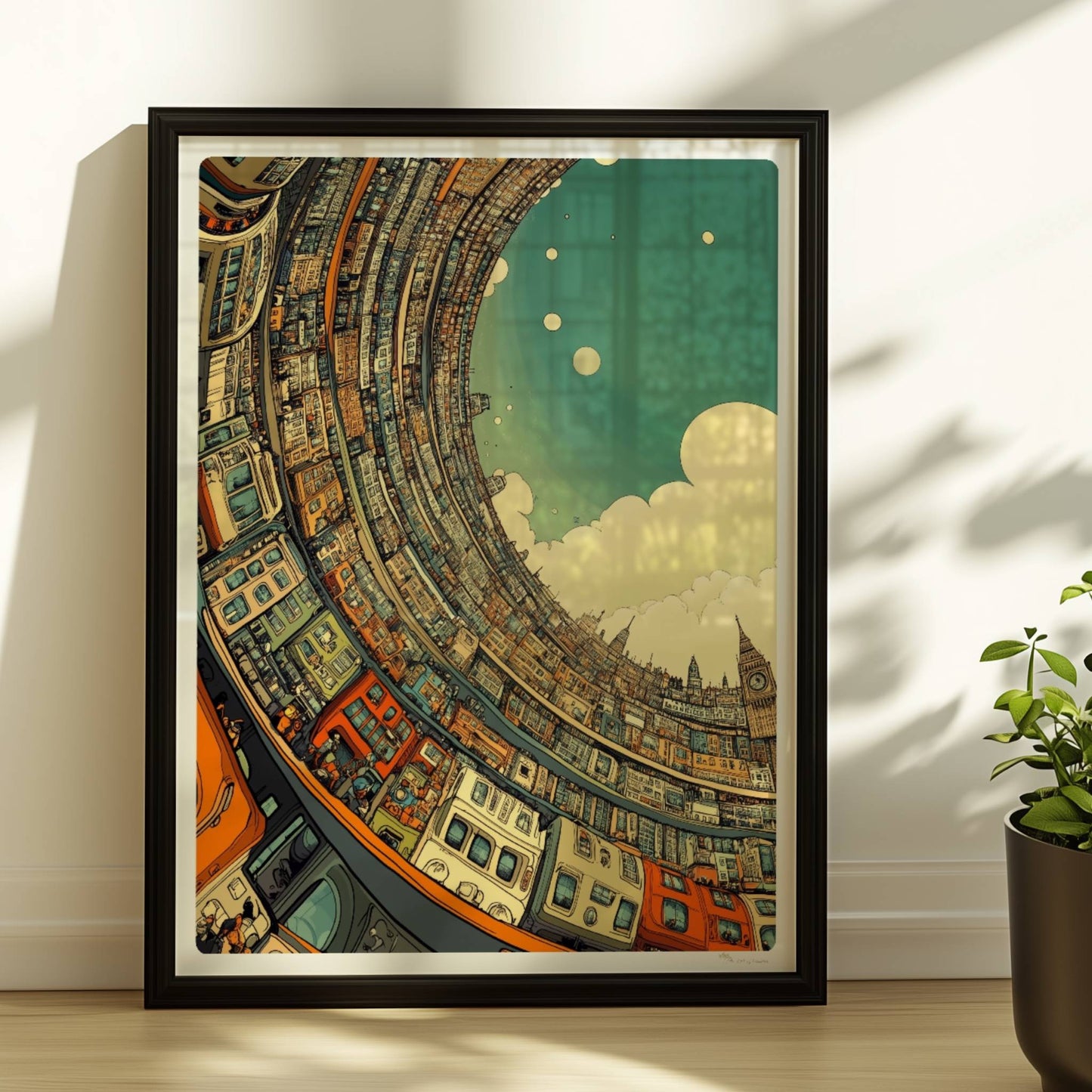 Fantasievolle Skyline mit geschwungenen Gebäuden, Großstadt in gebogener Perspektive und ikonischen Wahrzeichen wie Big Ben, inspiriert von europäischer Architektur.. Rahmen schwarz 30x40