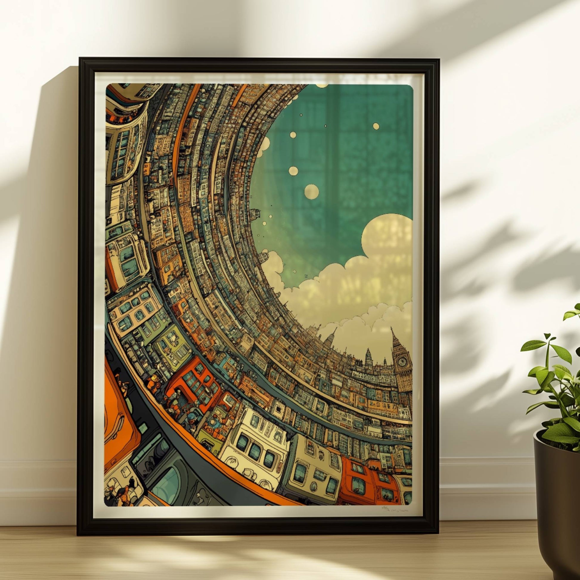 Fantasievolle Skyline mit geschwungenen Gebäuden, Großstadt in gebogener Perspektive und ikonischen Wahrzeichen wie Big Ben, inspiriert von europäischer Architektur.. Rahmen schwarz 30x40