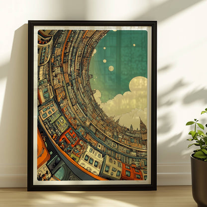 Fantasievolle Skyline mit geschwungenen Gebäuden, Großstadt in gebogener Perspektive und ikonischen Wahrzeichen wie Big Ben, inspiriert von europäischer Architektur.. Rahmen schwarz 30x40
