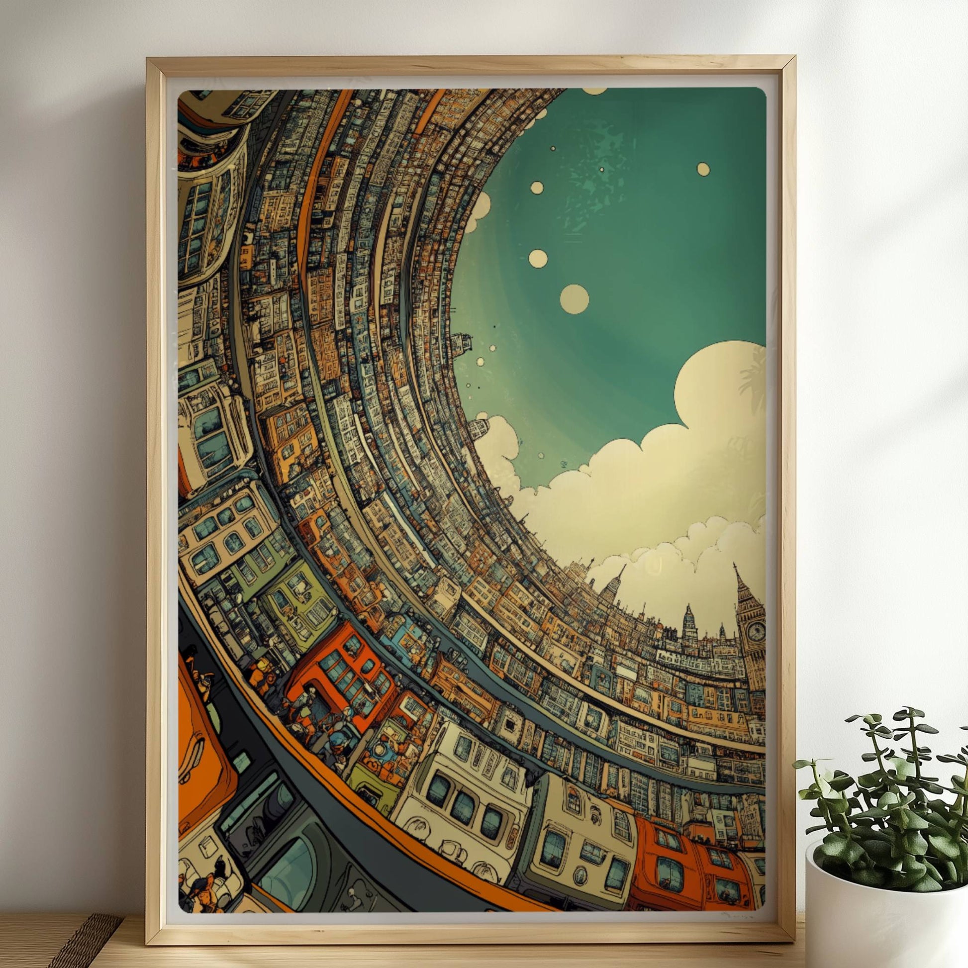 Fantasievolle Skyline mit geschwungenen Gebäuden, Großstadt in gebogener Perspektive und ikonischen Wahrzeichen wie Big Ben, inspiriert von europäischer Architektur.. Rahmen natur 50x70