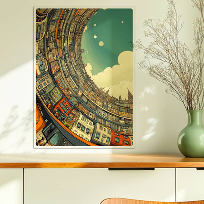 Fantasievolle Skyline mit geschwungenen Gebäuden, Großstadt in gebogener Perspektive und ikonischen Wahrzeichen wie Big Ben, inspiriert von europäischer Architektur.. Ohne Rahmen 50x70