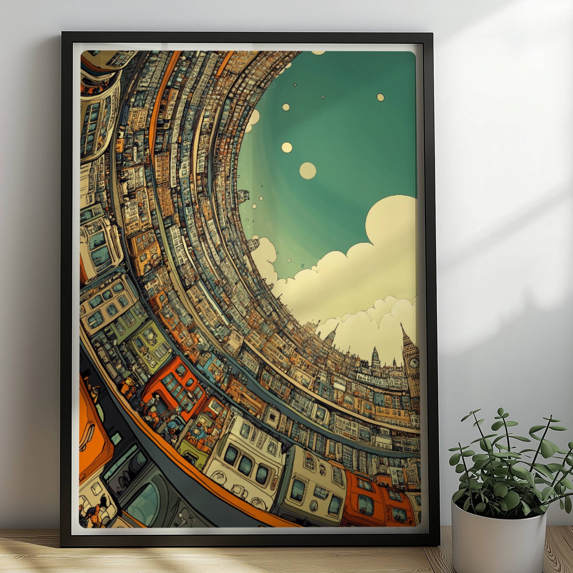Fantasievolle Skyline mit geschwungenen Gebäuden, Großstadt in gebogener Perspektive und ikonischen Wahrzeichen wie Big Ben, inspiriert von europäischer Architektur.. Rahmen schwarz 50x70