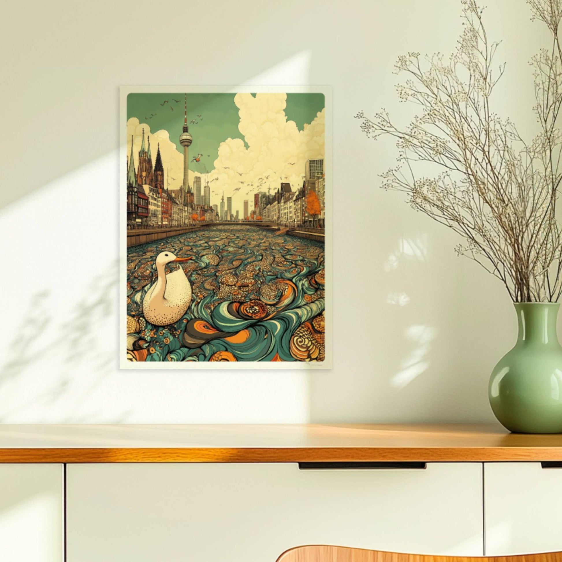 Europäische Skyline mit Berliner Fernsehturm, fantasievoller Fluss mit Ornamenten und einer weißen Ente im Vordergrund, inspiriert von Berlin.. Ohne Rahmen 30x40