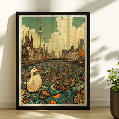 Europäische Skyline mit Berliner Fernsehturm, fantasievoller Fluss mit Ornamenten und einer weißen Ente im Vordergrund, inspiriert von Berlin.. Rahmen schwarz 30x40
