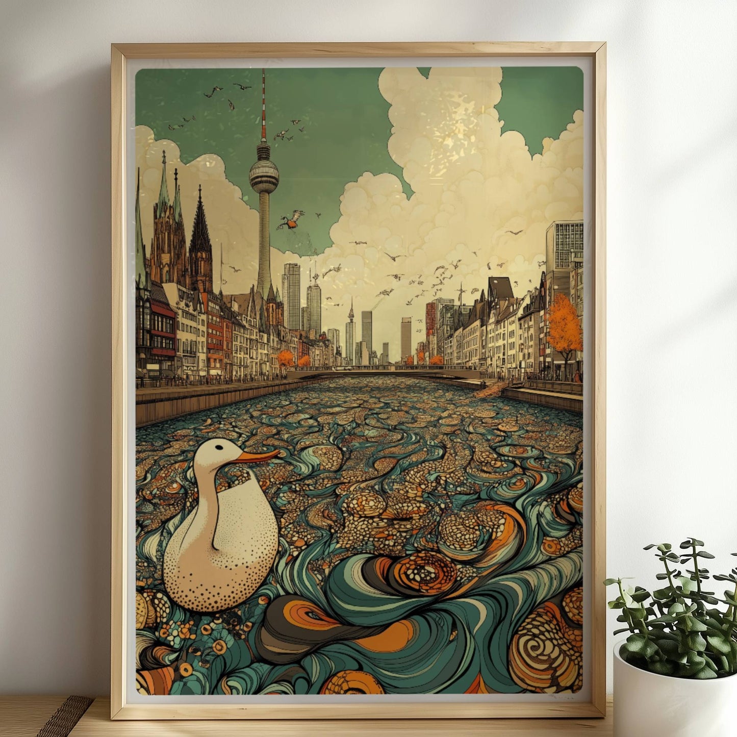 Europäische Skyline mit Berliner Fernsehturm, fantasievoller Fluss mit Ornamenten und einer weißen Ente im Vordergrund, inspiriert von Berlin.. Rahmen natur 50x70