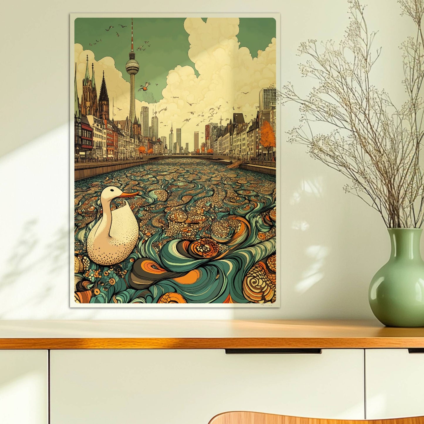 Europäische Skyline mit Berliner Fernsehturm, fantasievoller Fluss mit Ornamenten und einer weißen Ente im Vordergrund, inspiriert von Berlin.. Ohne Rahmen 50x70