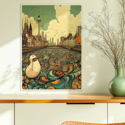 Europäische Skyline mit Berliner Fernsehturm, fantasievoller Fluss mit Ornamenten und einer weißen Ente im Vordergrund, inspiriert von Berlin.. Ohne Rahmen 50x70