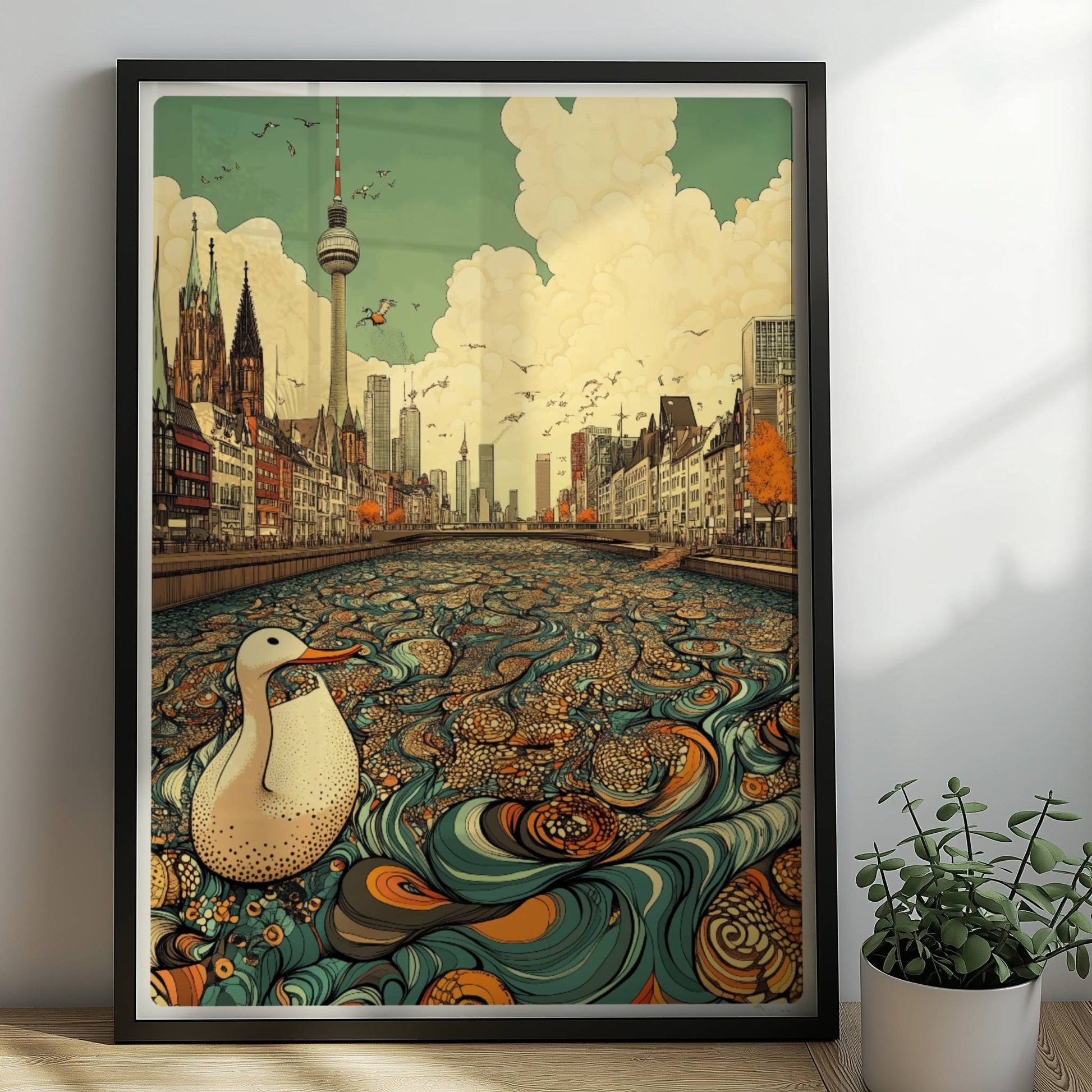 Europäische Skyline mit Berliner Fernsehturm, fantasievoller Fluss mit Ornamenten und einer weißen Ente im Vordergrund, inspiriert von Berlin.. Rahmen schwarz 50x70