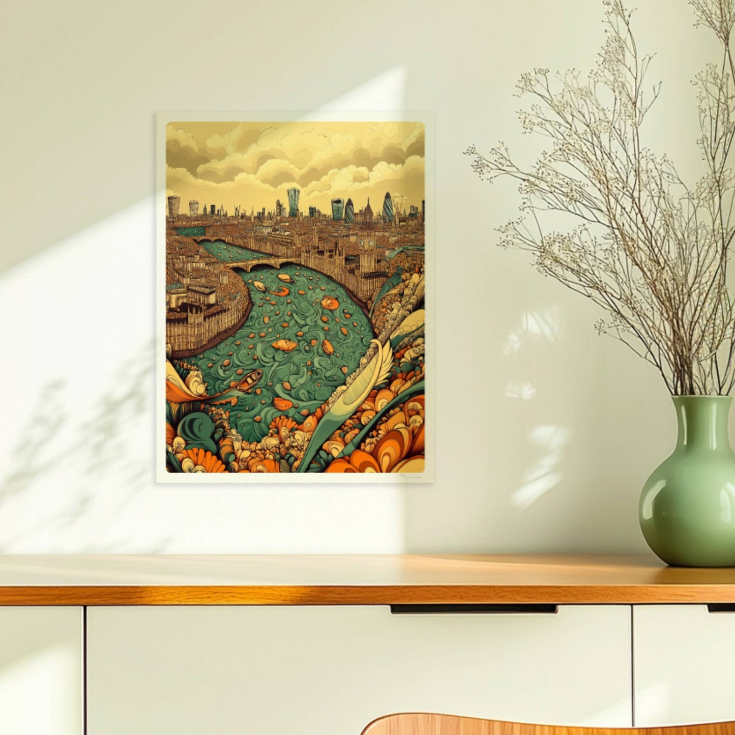 Fantasievolle Skyline von London mit Themse, reich verzierten Ufern, Booten und den berühmten Wolkenkratzern der Stadt, inspiriert von London.. Ohne Rahmen 30x40