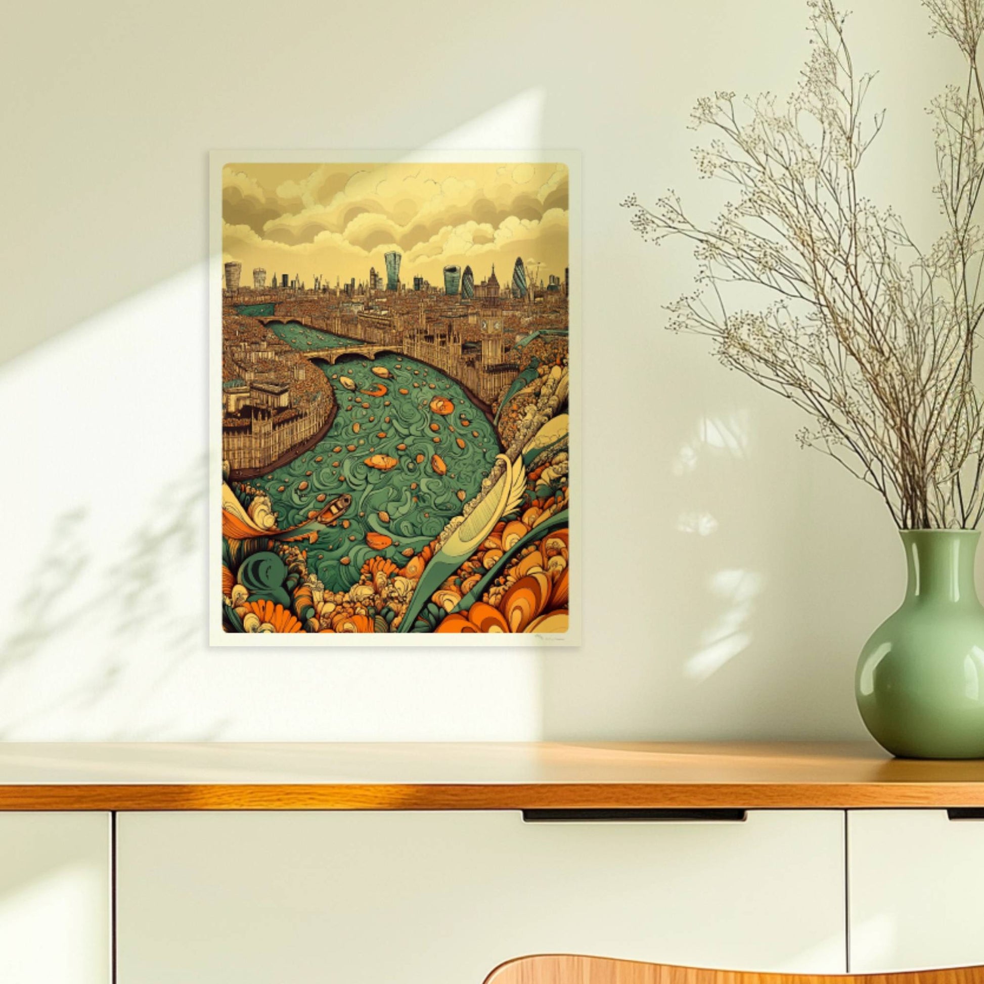 Fantasievolle Skyline von London mit Themse, reich verzierten Ufern, Booten und den berühmten Wolkenkratzern der Stadt, inspiriert von London.. Ohne Rahmen 30x40