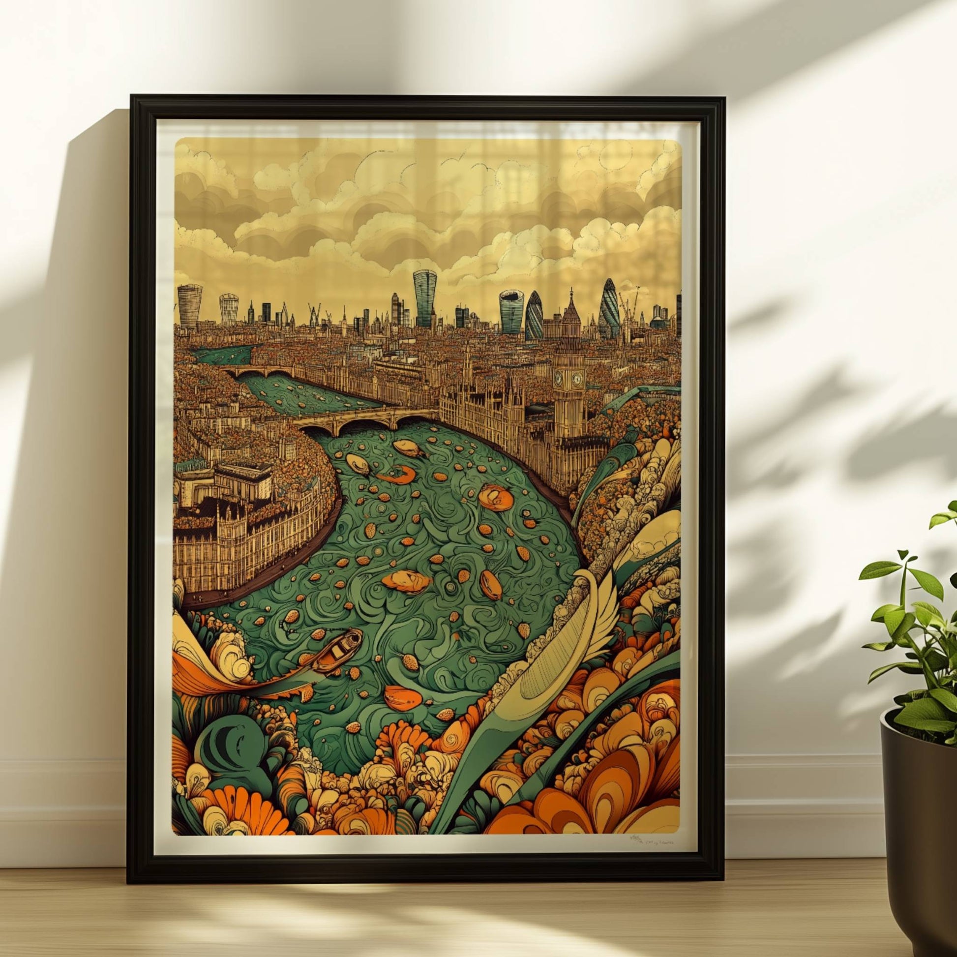 Fantasievolle Skyline von London mit Themse, reich verzierten Ufern, Booten und den berühmten Wolkenkratzern der Stadt, inspiriert von London.. Rahmen schwarz 30x40