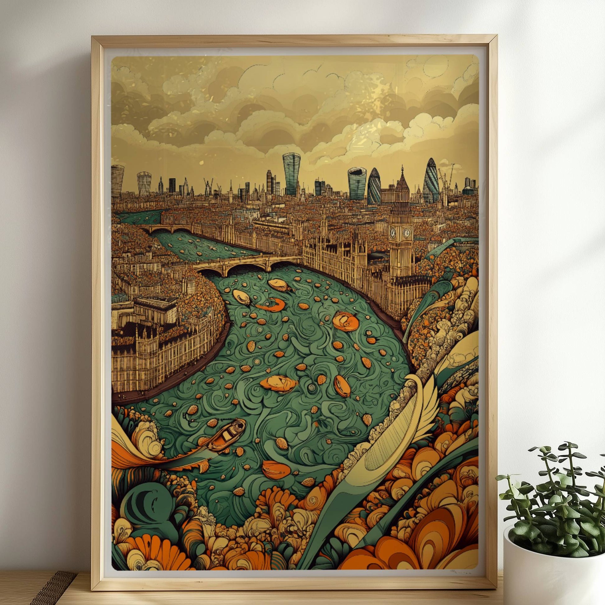 Fantasievolle Skyline von London mit Themse, reich verzierten Ufern, Booten und den berühmten Wolkenkratzern der Stadt, inspiriert von London.. Rahmen natur 50x70