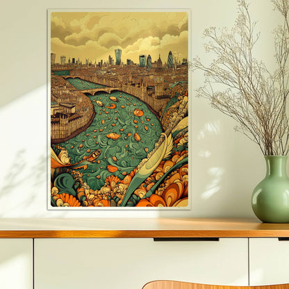 Fantasievolle Skyline von London mit Themse, reich verzierten Ufern, Booten und den berühmten Wolkenkratzern der Stadt, inspiriert von London.. Ohne Rahmen 50x70