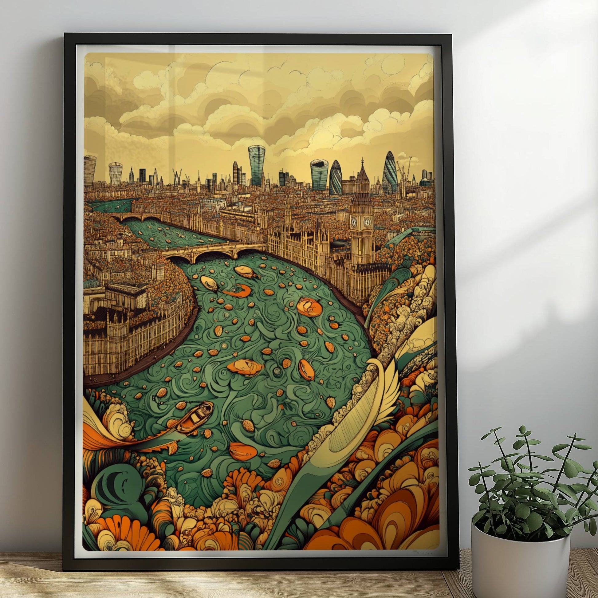 Fantasievolle Skyline von London mit Themse, reich verzierten Ufern, Booten und den berühmten Wolkenkratzern der Stadt, inspiriert von London.. Rahmen schwarz 50x70