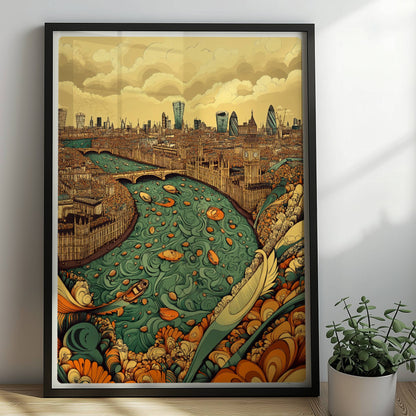 Fantasievolle Skyline von London mit Themse, reich verzierten Ufern, Booten und den berühmten Wolkenkratzern der Stadt, inspiriert von London.. Rahmen schwarz 50x70