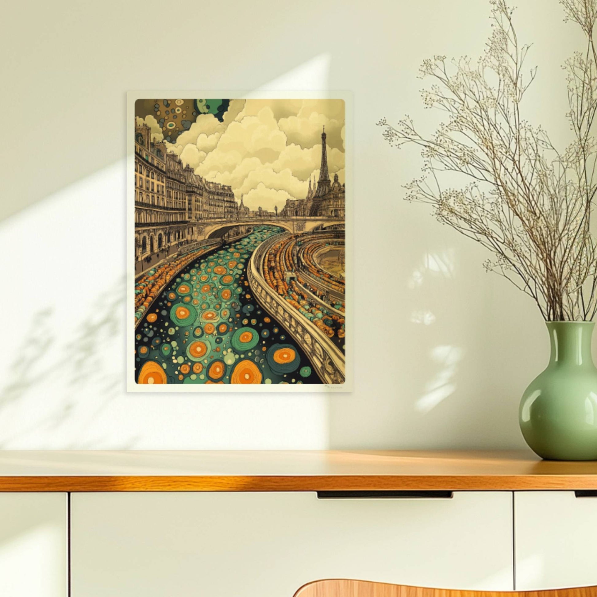 Fantasievolle Pariser Skyline mit Eiffelturm, geschwungenem Fluss und farbenfrohen Mustern, inspiriert von Paris.. Ohne Rahmen 30x40
