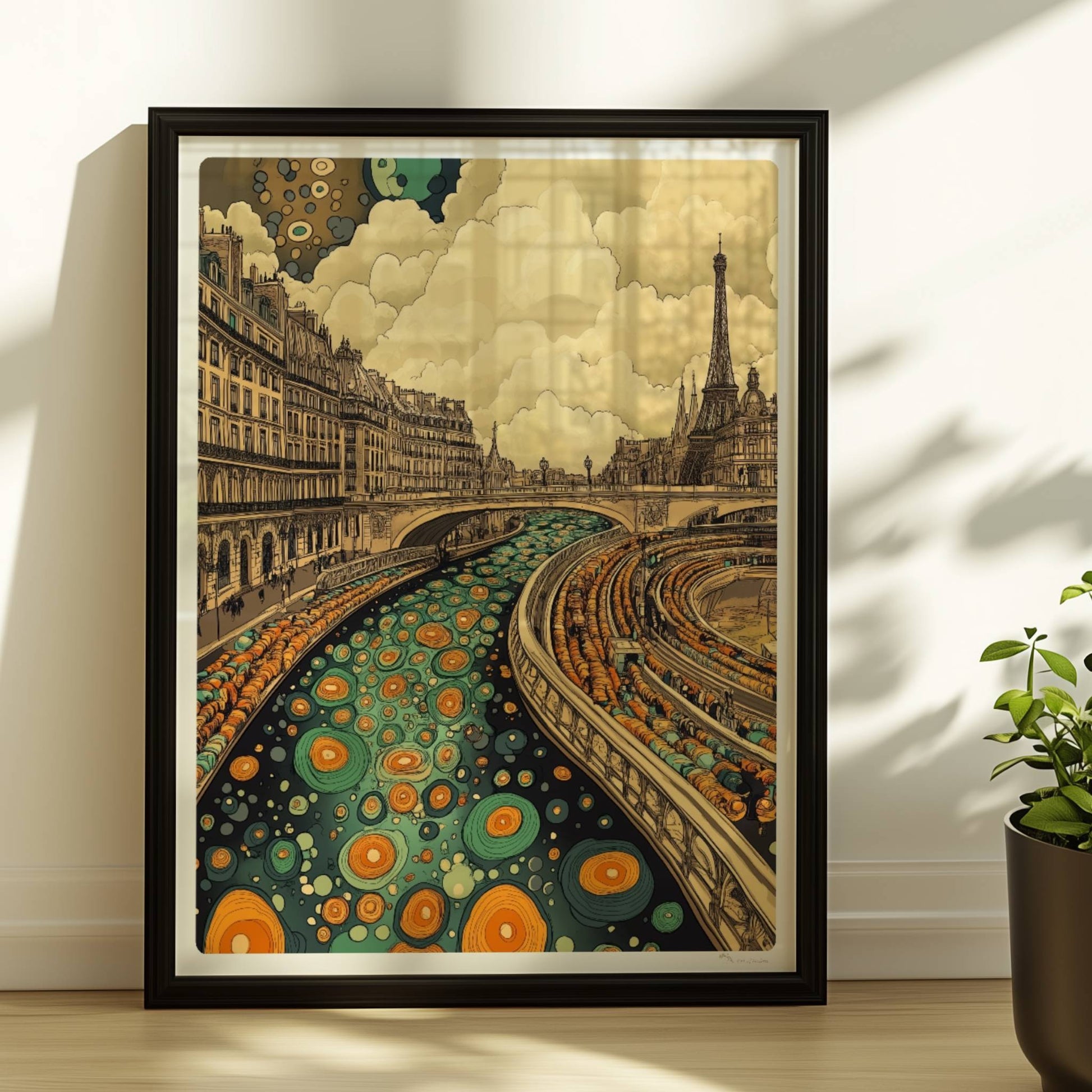 Fantasievolle Pariser Skyline mit Eiffelturm, geschwungenem Fluss und farbenfrohen Mustern, inspiriert von Paris.. Rahmen schwarz 30x40