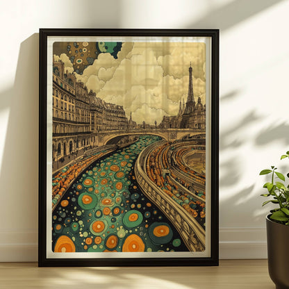 Fantasievolle Pariser Skyline mit Eiffelturm, geschwungenem Fluss und farbenfrohen Mustern, inspiriert von Paris.. Rahmen schwarz 30x40