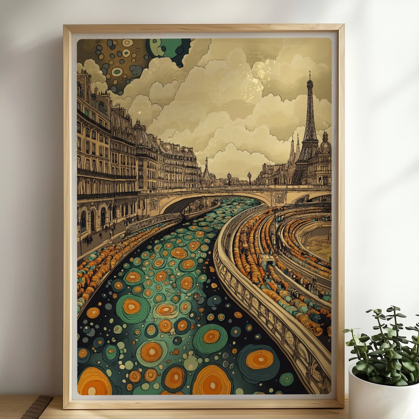 Fantasievolle Pariser Skyline mit Eiffelturm, geschwungenem Fluss und farbenfrohen Mustern, inspiriert von Paris.. Rahmen natur 50x70