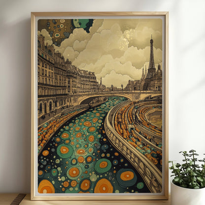 Fantasievolle Pariser Skyline mit Eiffelturm, geschwungenem Fluss und farbenfrohen Mustern, inspiriert von Paris.. Rahmen natur 50x70