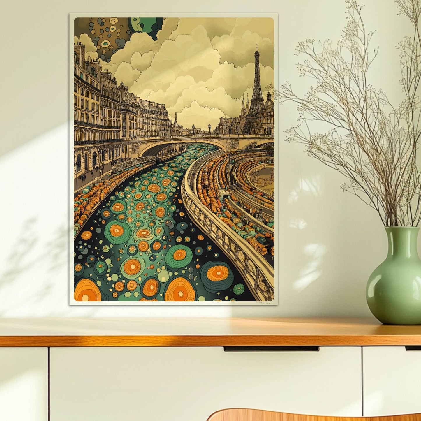 Fantasievolle Pariser Skyline mit Eiffelturm, geschwungenem Fluss und farbenfrohen Mustern, inspiriert von Paris.. Ohne Rahmen 50x70
