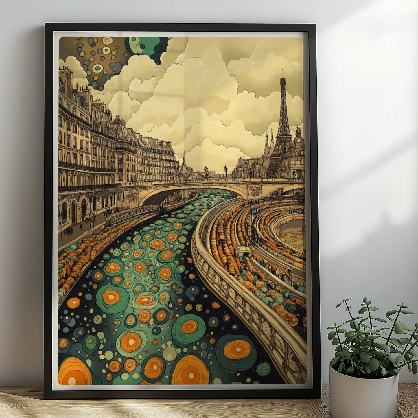Fantasievolle Pariser Skyline mit Eiffelturm, geschwungenem Fluss und farbenfrohen Mustern, inspiriert von Paris.. Rahmen schwarz 50x70