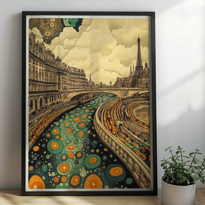 Fantasievolle Pariser Skyline mit Eiffelturm, geschwungenem Fluss und farbenfrohen Mustern, inspiriert von Paris.. Rahmen schwarz 50x70