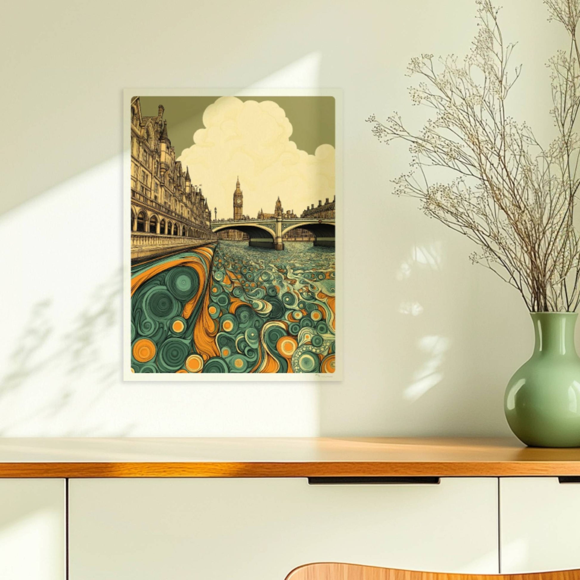Europäische Skyline mit Big Ben, fantasievoller Fluss in Türkis und Orange, detailreichen Gebäuden und Wolken.. Ohne Rahmen 30x40