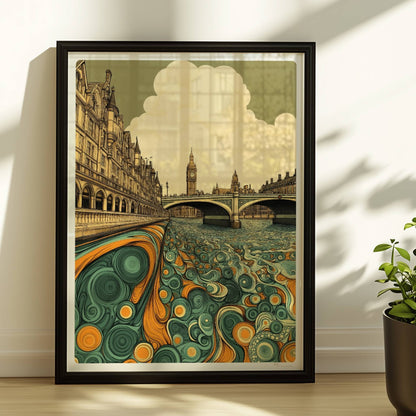 Europäische Skyline mit Big Ben, fantasievoller Fluss in Türkis und Orange, detailreichen Gebäuden und Wolken.. Rahmen schwarz 30x40