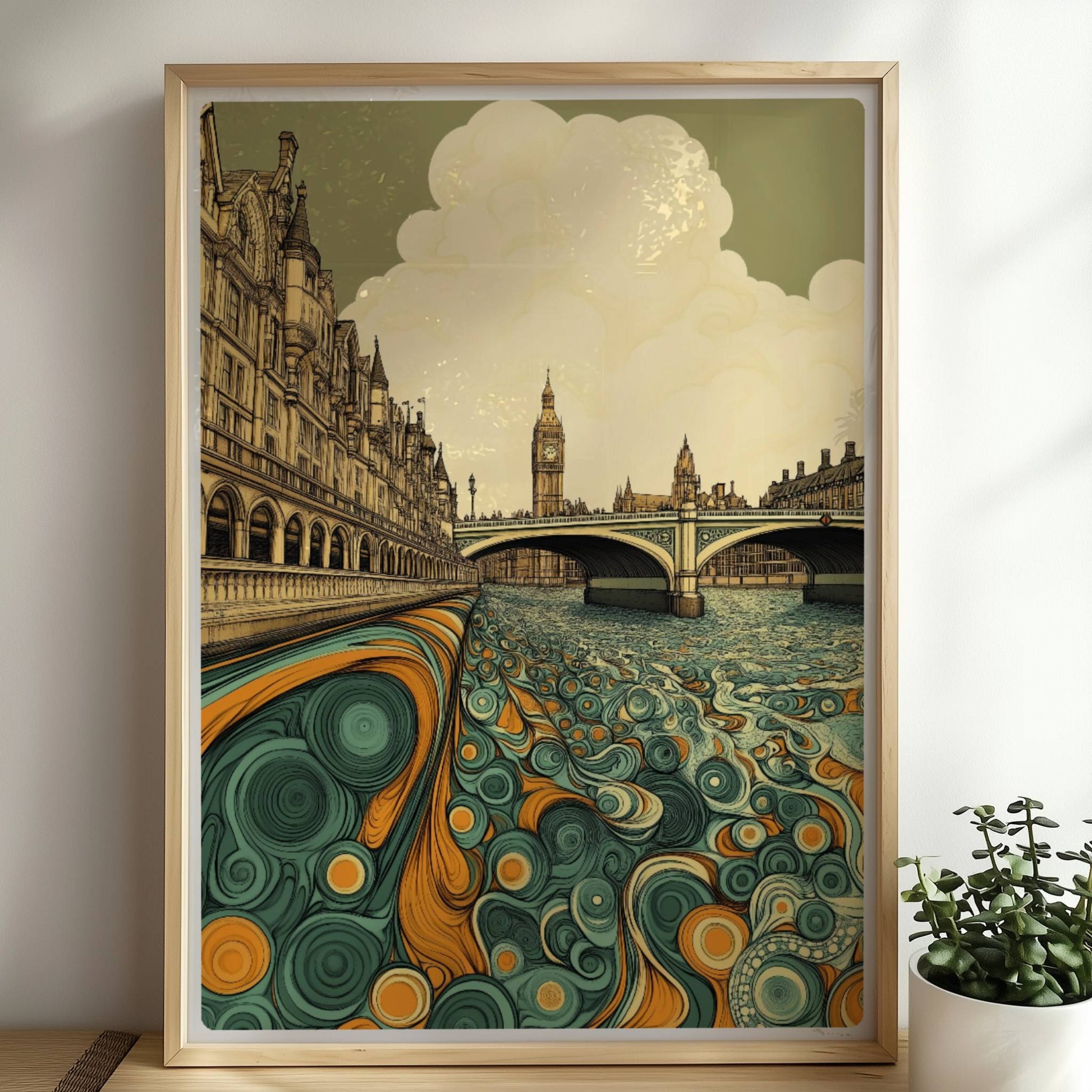 Europäische Skyline mit Big Ben, fantasievoller Fluss in Türkis und Orange, detailreichen Gebäuden und Wolken.. Rahmen natur 50x70