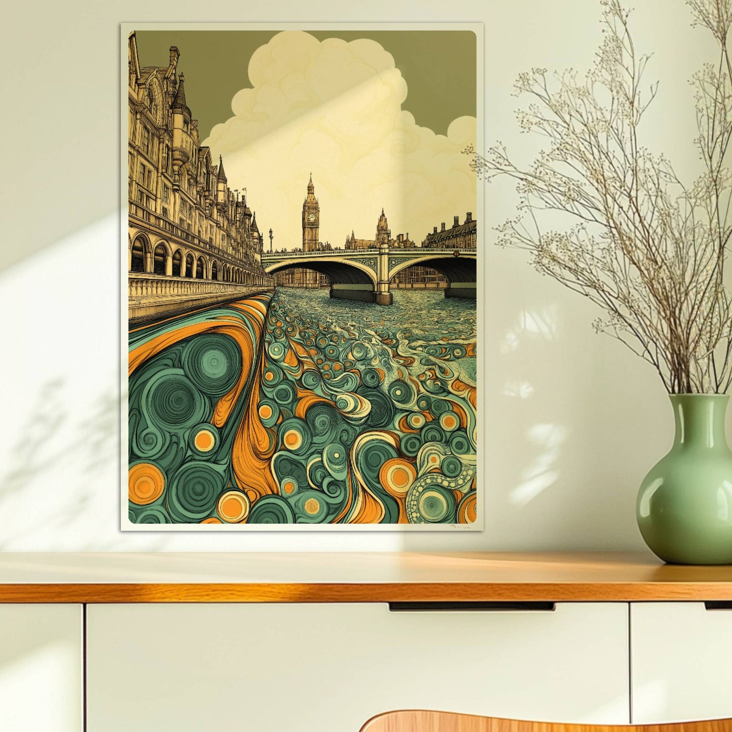 Europäische Skyline mit Big Ben, fantasievoller Fluss in Türkis und Orange, detailreichen Gebäuden und Wolken.. Ohne Rahmen 50x70