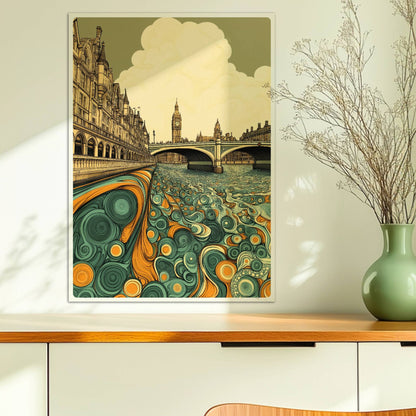 Europäische Skyline mit Big Ben, fantasievoller Fluss in Türkis und Orange, detailreichen Gebäuden und Wolken.. Ohne Rahmen 50x70
