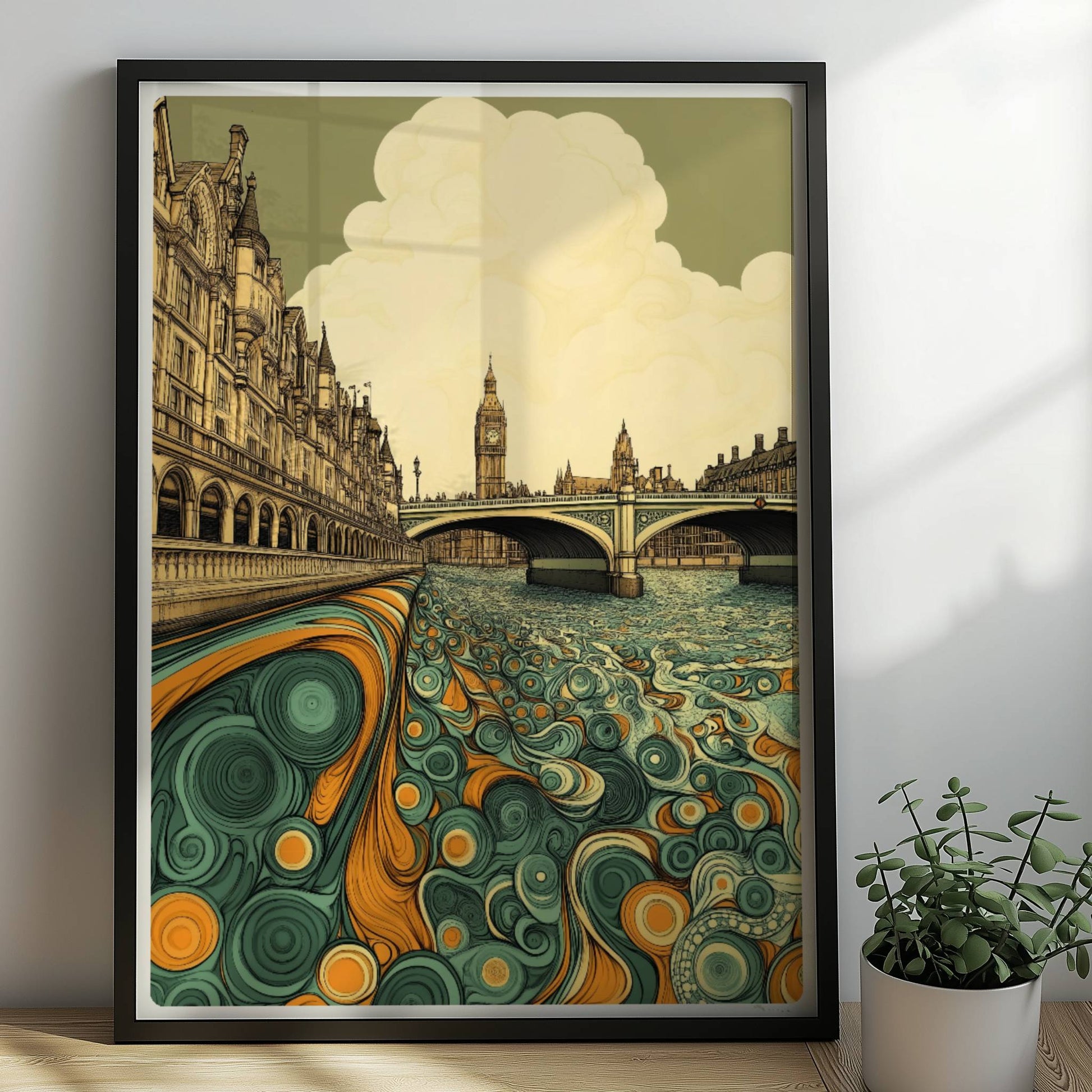 Europäische Skyline mit Big Ben, fantasievoller Fluss in Türkis und Orange, detailreichen Gebäuden und Wolken.. Rahmen schwarz 50x70