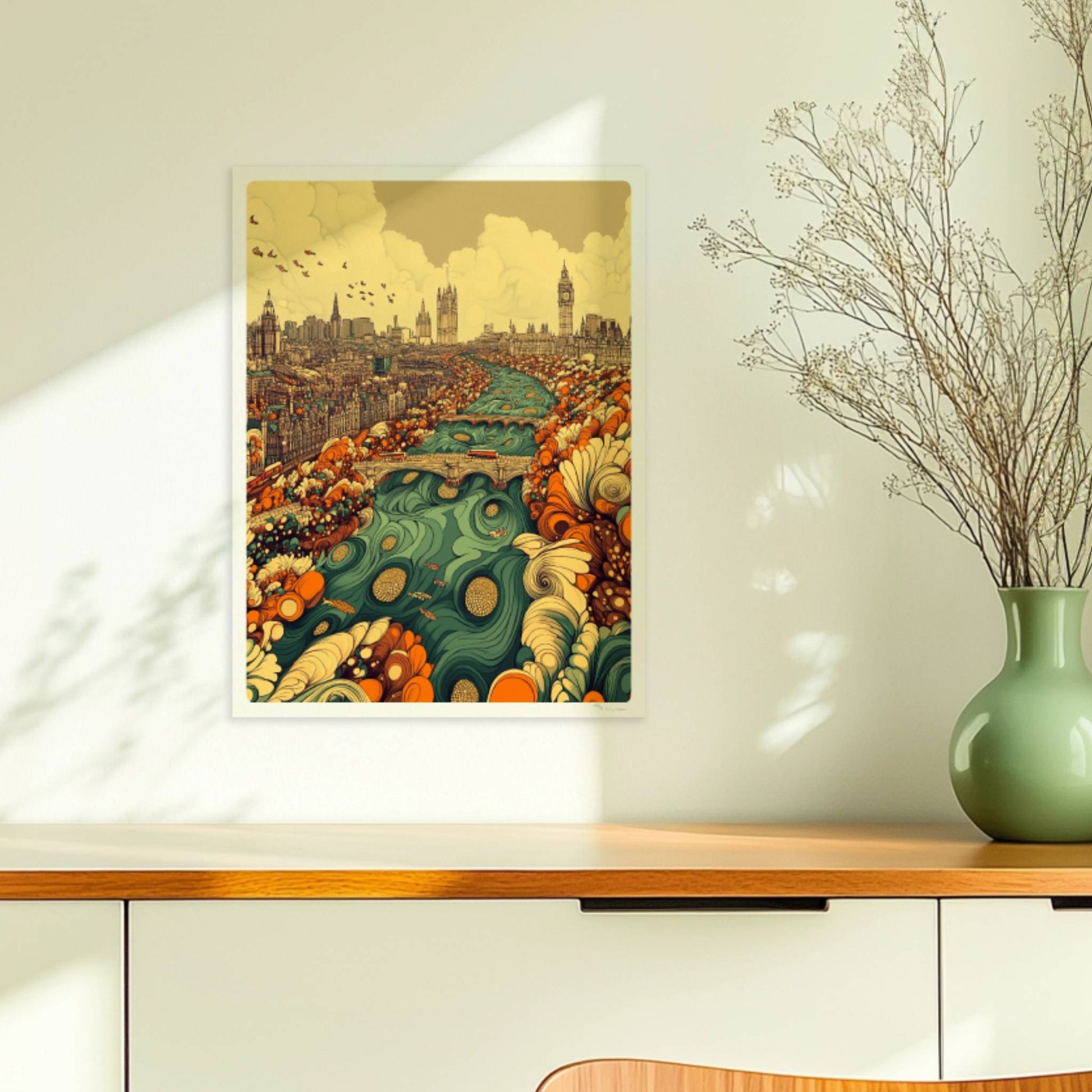 Europäische Skyline mit Big Ben, fantasievolle Flusslandschaft in Türkis und Orange, detailreiche Gebäude und Blumenformen im Vordergrund.. Ohne Rahmen 30x40