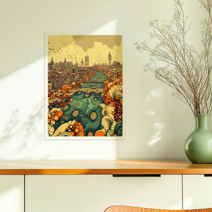 Europäische Skyline mit Big Ben, fantasievolle Flusslandschaft in Türkis und Orange, detailreiche Gebäude und Blumenformen im Vordergrund.. Ohne Rahmen 30x40