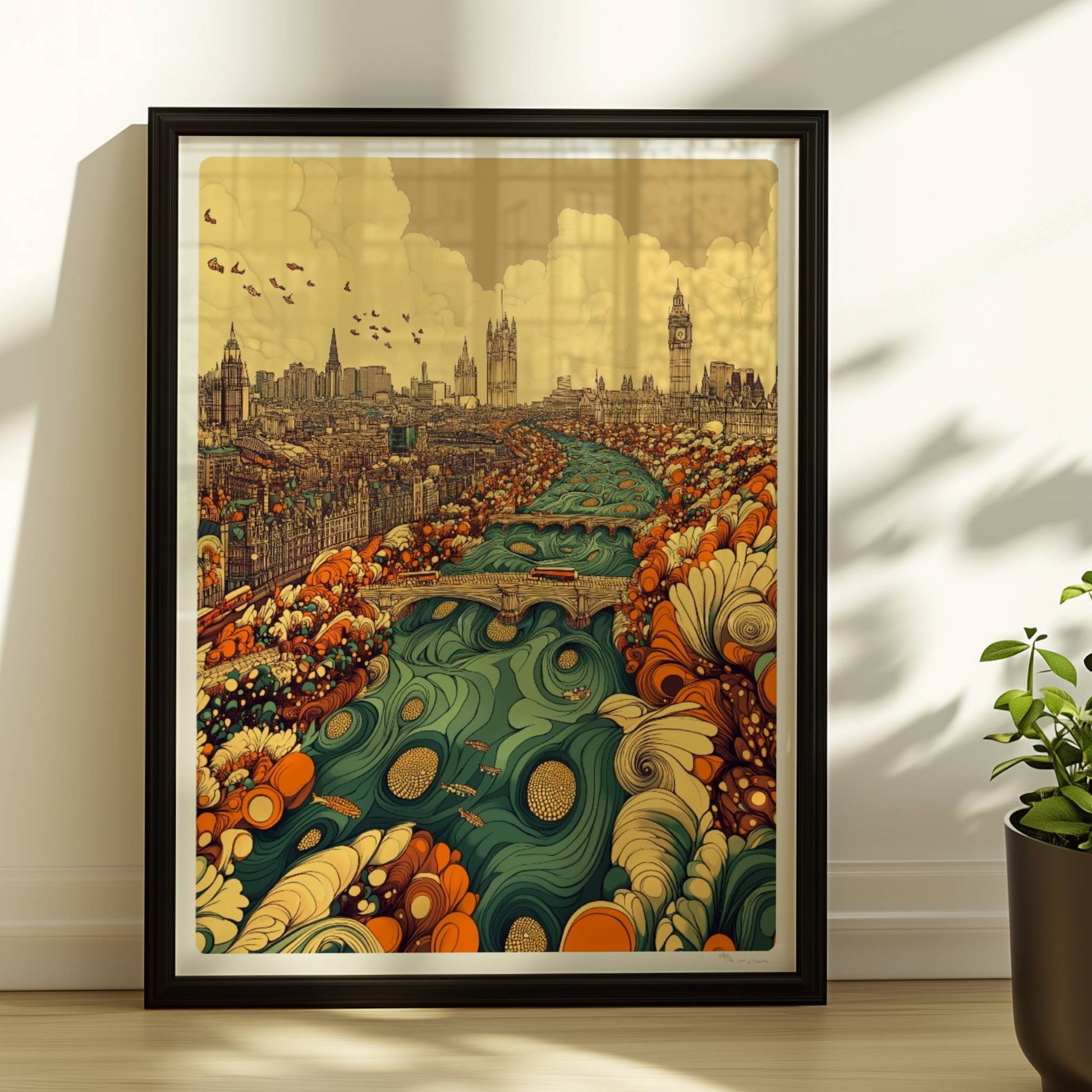 Europäische Skyline mit Big Ben, fantasievolle Flusslandschaft in Türkis und Orange, detailreiche Gebäude und Blumenformen im Vordergrund.. Rahmen schwarz 30x40