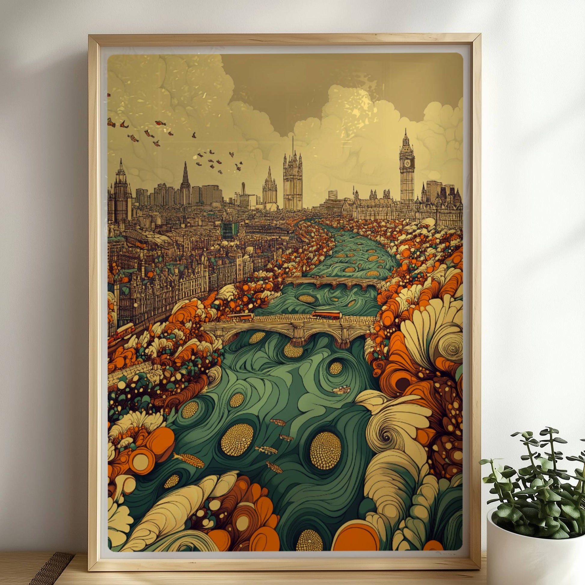 Europäische Skyline mit Big Ben, fantasievolle Flusslandschaft in Türkis und Orange, detailreiche Gebäude und Blumenformen im Vordergrund.. Rahmen natur 50x70