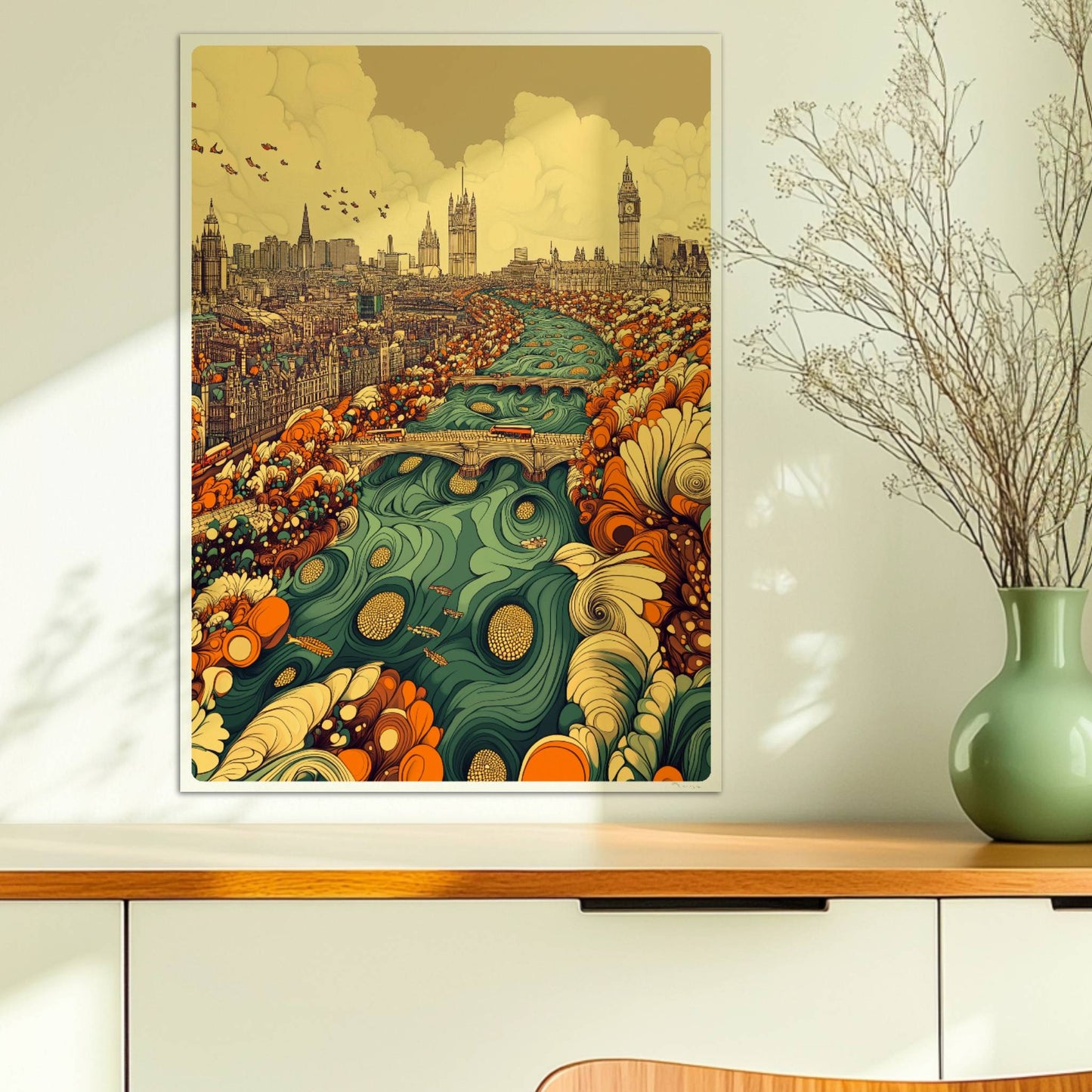 Europäische Skyline mit Big Ben, fantasievolle Flusslandschaft in Türkis und Orange, detailreiche Gebäude und Blumenformen im Vordergrund.. Ohne Rahmen 50x70