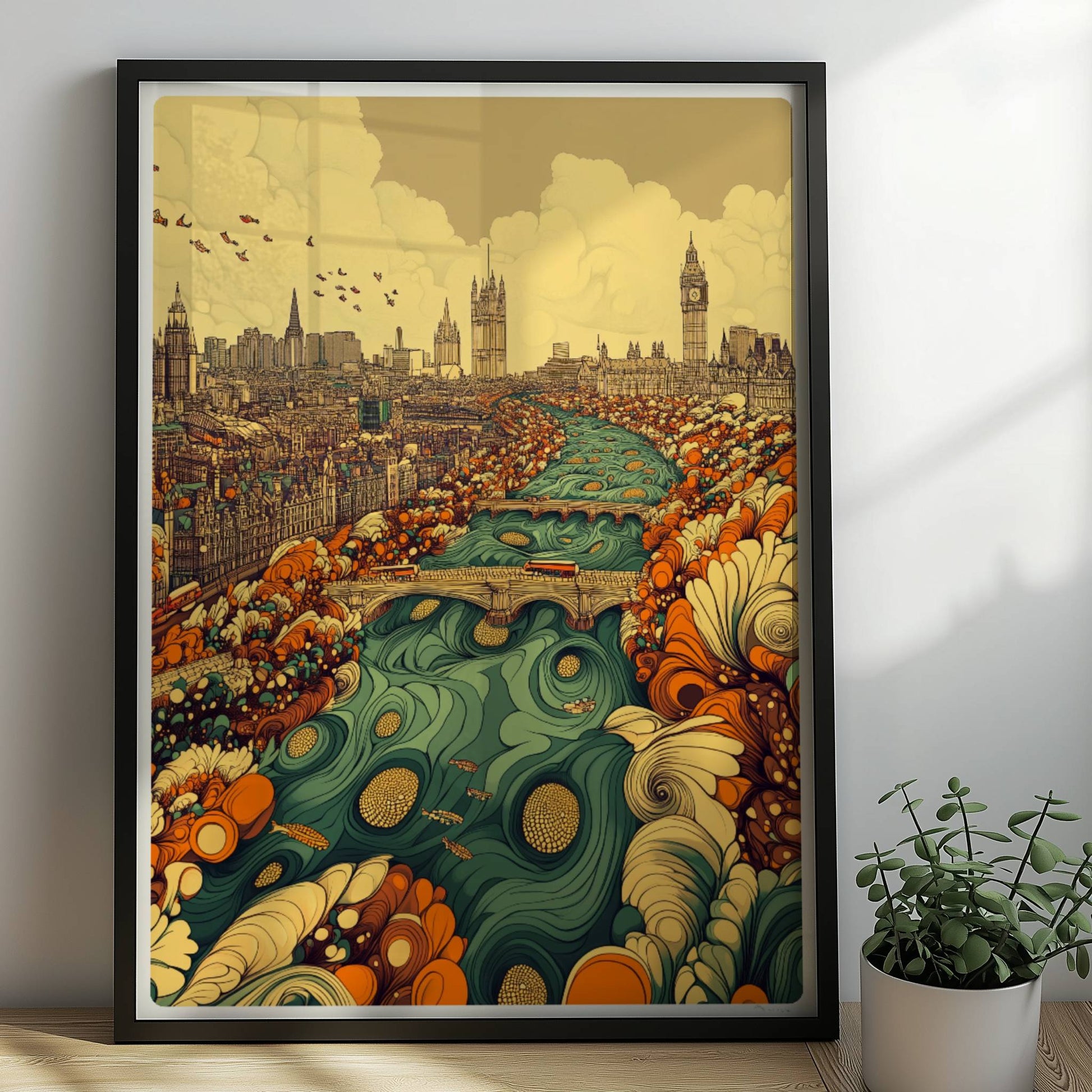 Europäische Skyline mit Big Ben, fantasievolle Flusslandschaft in Türkis und Orange, detailreiche Gebäude und Blumenformen im Vordergrund.. Rahmen schwarz 50x70