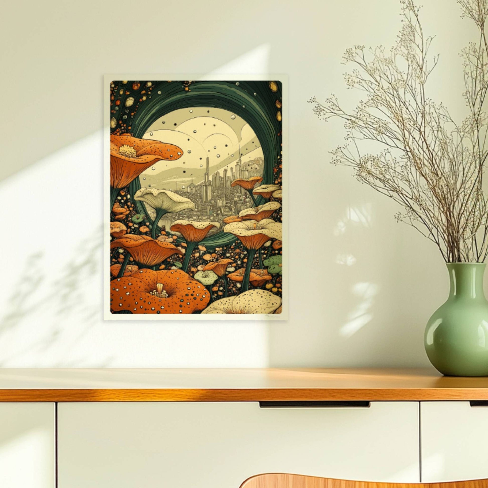 Fantasievolle Stadtansicht durch ein grünes Portal, umgeben von großen orange-weißen Blumen und stilisierten Pflanzen.. Ohne Rahmen 30x40