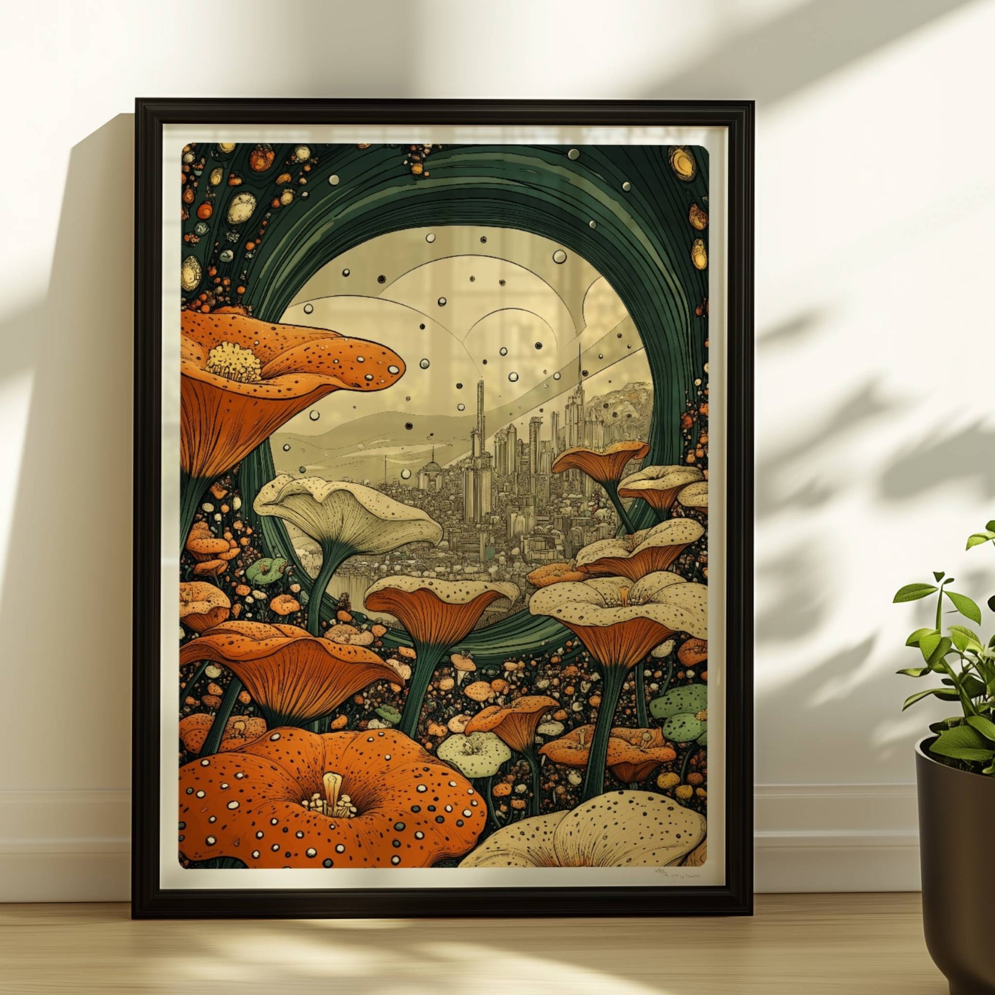 Fantasievolle Stadtansicht durch ein grünes Portal, umgeben von großen orange-weißen Blumen und stilisierten Pflanzen.. Rahmen schwarz 30x40