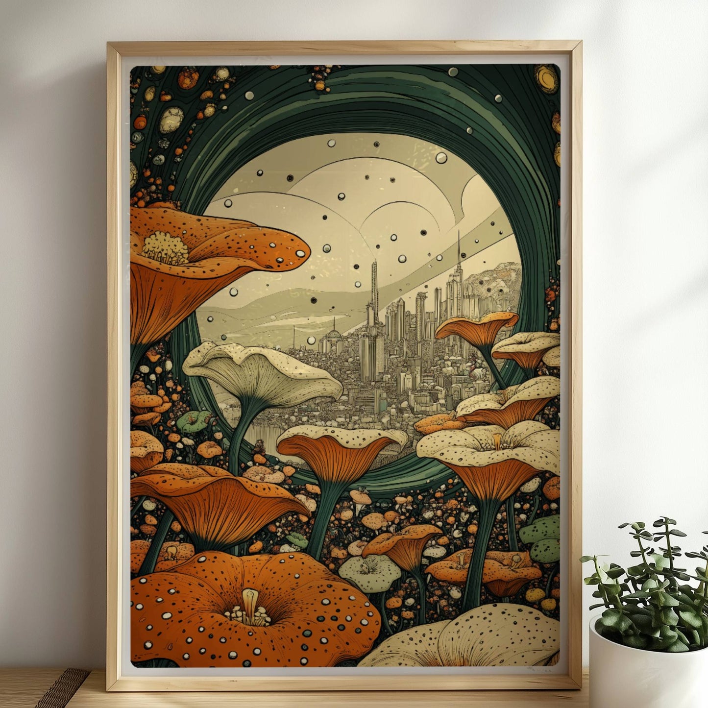 Fantasievolle Stadtansicht durch ein grünes Portal, umgeben von großen orange-weißen Blumen und stilisierten Pflanzen.. Rahmen natur 50x70