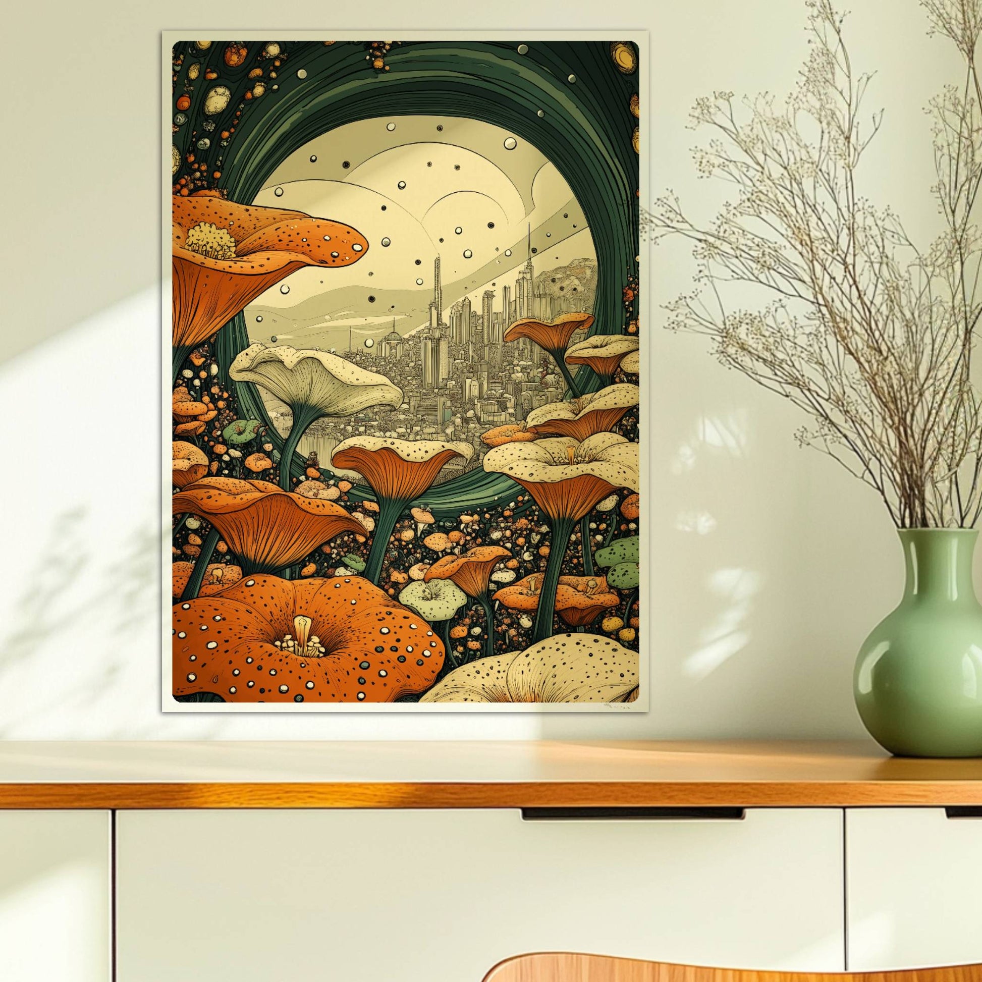 Fantasievolle Stadtansicht durch ein grünes Portal, umgeben von großen orange-weißen Blumen und stilisierten Pflanzen.. Ohne Rahmen 50x70
