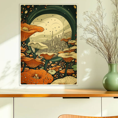 Fantasievolle Stadtansicht durch ein grünes Portal, umgeben von großen orange-weißen Blumen und stilisierten Pflanzen.. Ohne Rahmen 50x70